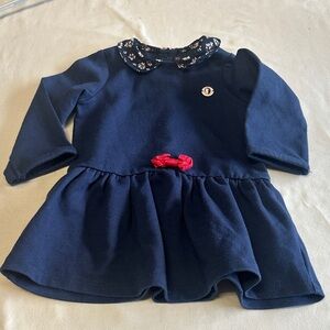 Sergent Major - Navy Blue Baby Dress with Floral Collar and Red Bow
